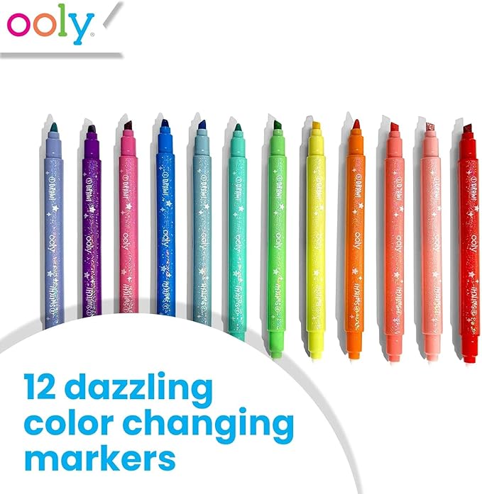 Ooly 12 Pack Switch-eroo Sparkle Color Changing Markers, Double Ended Chisel Tip Color Change Markers for Art Supplies, Drawing and Stationery Sets
