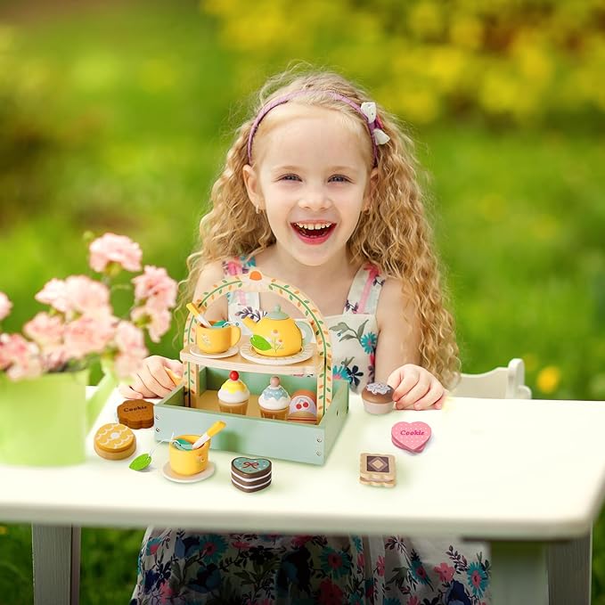 Tea Party Set，Tea Sets for Toddlers 3-5，Kids Tea Set with Dessert Cookies & Cake Stand, Non-Toxic Wooden Tea Party Set，Pretend Play Toys Toddler Tea Set for Girls Birthday Gifts