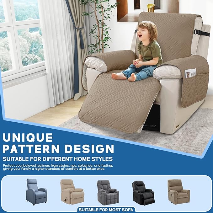 XINEAGE 100% Waterproof Recliner Cover, Non Slip Recliner Chair Cover with Elastic Band, Washable Recliner Slipcover with Storage Pockets for Kids, Pets (Khaki, 28")