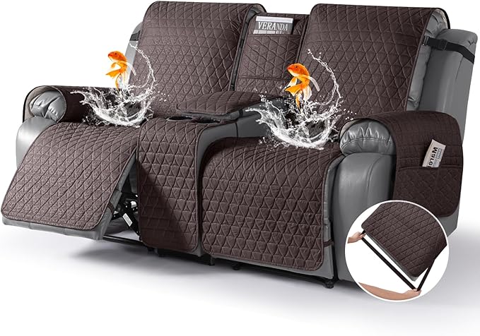 TAOCOCO 100% Waterproof Recliner Cover -Loveseat Recliner Cover with Center Console,Non-Slip Reclining Couch Covers for 2 Seat,with Elastic Straps Pocket for Kids, Dogs(Chocolate, 2 Seater XL)