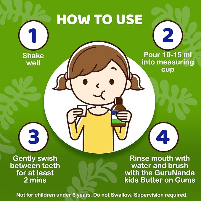 GuruNanda Kids Oil Pulling, Alcohol-Free Mouthwash, Essential Oils & Vitamins for Fresh Breath & Happy Gums for Ages 6 & up, Natural Berry Lemon Rose, 8 Oz