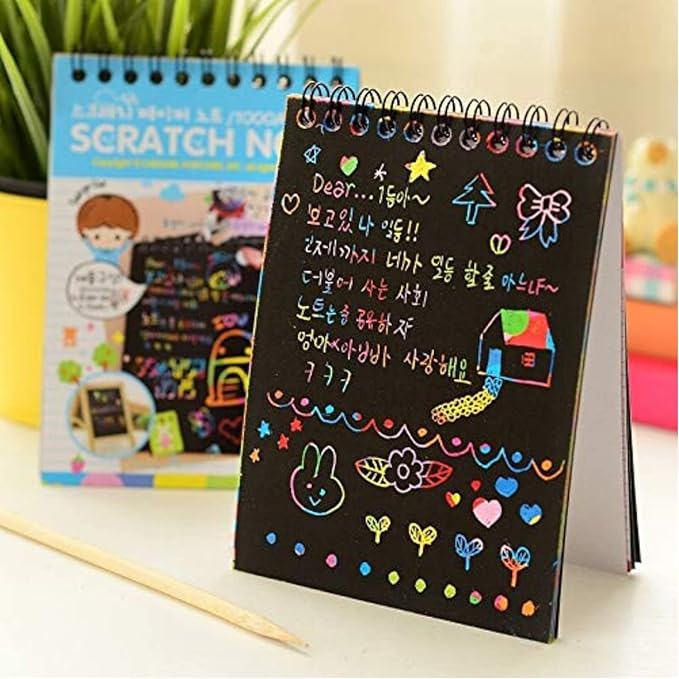 Kidivo Small Size Kid's Rainbow Scratch Book Magic Doodle Scratch Art Activity 2 Notebooks Or Note Pad of 8 Pages with One Stick for Arts and Crafts Kids (Small Size) Pack of 2 Multicolor