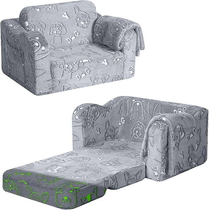 MeMoreCool Toddler Fold-Out Chair for Girls and Boys, Glow-in-The-Dark Soft Plush Kids Recliner, Convertible Folding Baby Couch for Playroom (Glowing Dogs)