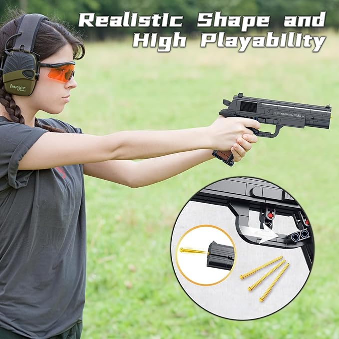 Finger Rock M1911 Pistol Model Guns Building Blocks Toy Set, DIY Simulation Handheld Gun Mechanical Model Kits, 333 pcs Collectible Construction Shootable Sniper Toys Gifts for Teens Boys Aged 14+