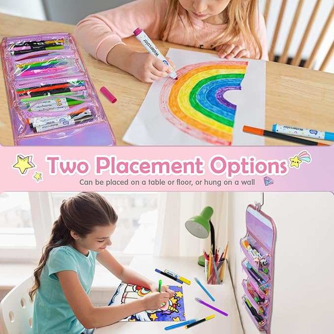 KIDDYCOLOR Unicorn Washable Markers Set 69 pcs with Glitter Pencil Case - Arts and Crafts Coloring Kit for Kids Ages 4-8, Includes Unicorn Stickers - Perfect Gifts for Girls