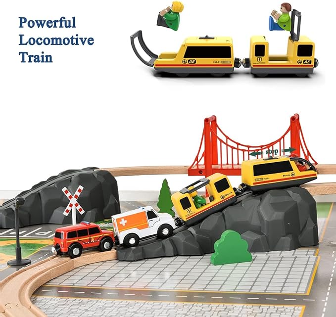Giant bean 72PCS Fire Station Wooden Train Tracks & Train Set, Gift Packed Toy Railway Kits for Kids, Toddler Boys and Girls 3,4,5 Years Old and Up, Christmas Birthday Gift Toy for Kids