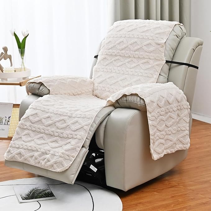 vctops Geometric Jacquard Plush Recliner Chair Cover Soft Fuzzy Fluffy Reclining Chair/Furniture Protector with Elastic Straps for Kids, Pets(Cream,21.7")