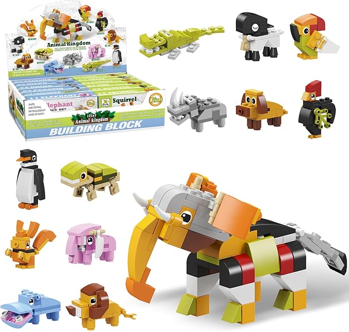 Party Favor for Kids, 12 in 1 Pre Filled Elephant Building Block Set-12 Pcs Mini Building Blocks Toys, STEM Building Blocks Toys,Classroom Prize Toys,Birthday Gifts,Goodie Bags,Carnival Prizes