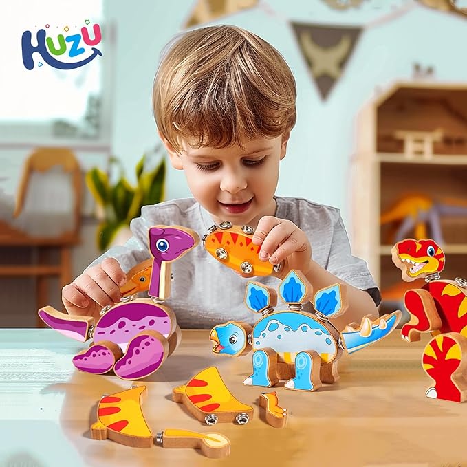 HUZU Dinosaur Building Blocks, Wooden Dino Snap Blocks, Snap Dinosaur Toys for Kids 3-5, 5-8, Fine Motor Skills STEM Kits Educational Learning Building Toys Gifts for Preschool Children