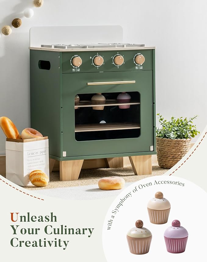 ROBOTIME Wooden Toy Oven Play Kitchen Set, Kids Kitchen Playset with Play Food, Pretend Play Oven Wooden Toy Kitchen Set for Toddlers Boys Girls(Vintage Green)