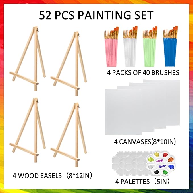52 Pcs Art Painting Kit Supplies Set for Kids to Party - 4 Packs of 40 Brushes, 4 Wood Easels(8 * 12in), 4 Canvas Panels(8 * 10in) & 4 Palettes(5in), No Paint