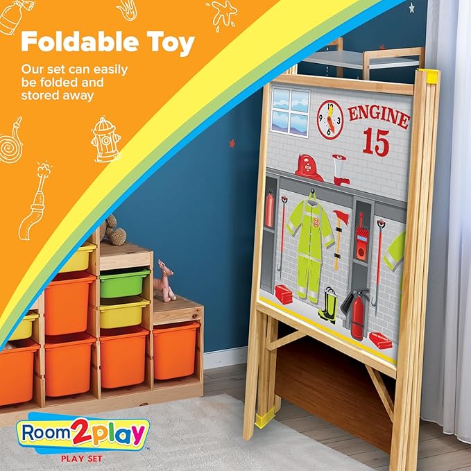 Fire Station - Large Kids Pretend Play Set for Toddlers Ages 3+ Years –Wooden Toy Playset Folds Away for Easy Storage with 20 Fun & Interactive Pieces