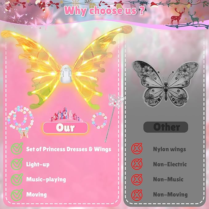 Princess Dress up Costume with Electric Fairy Wings for Girls 3-8, Light Up Moving Butterfly Wings with LED Lights&Music, Christmas Birthday Gift Princess Dresses with Crown/Wand/Bracelets/Necklaces