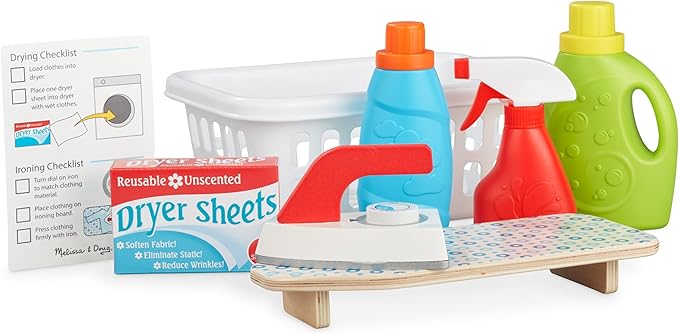 Melissa & Doug Laundry Basket Play Set With Wooden Iron, Ironing Board, and Accessories (14 Pcs) Pretend Play Laundry Set For Kids With Iron