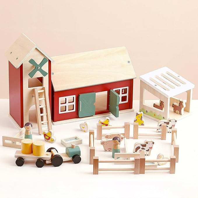 PairPear Wooden Barn Farm Toys with Farm Animals Figures and Tractor, Educational Stacking Learning Toys Gift for Toddler Girls Boys 3+