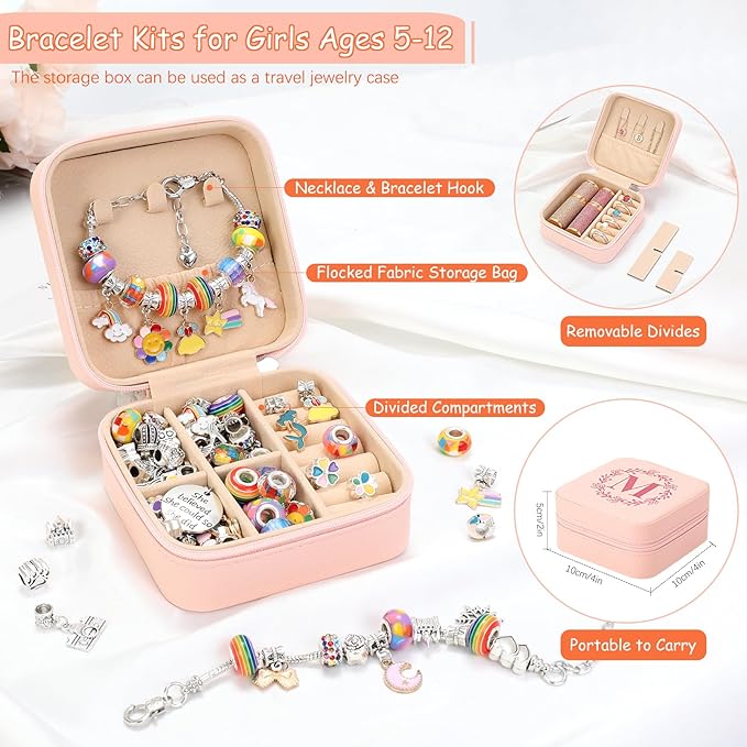 Charm Bracelet Making Kit for Girls 3-12, Kids Jewelry Making Kit 66Pcs Jewelry Kits for Girls Ages 8-12 Jewelry Maker Craft Necklace Birthday Christmas Gifts with Initial Jewelry Organizer Box - H