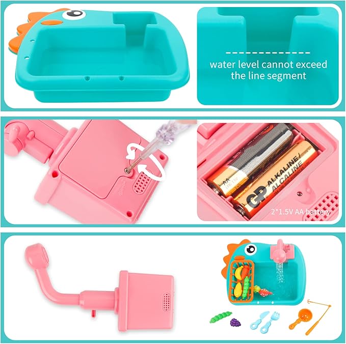 Ruibytree Play Kitchen Sink Toy, Water Toys for Kids with Electronic Dishwasher, Pretend Play Utensils Accessories and Play Cutting Food for Boys and Girls (Dinosaur)