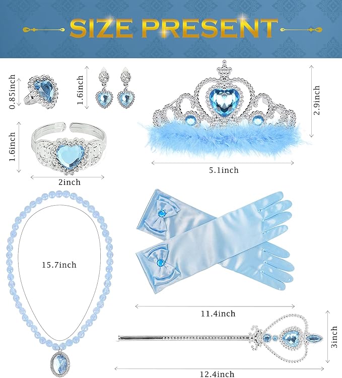 Princess Dress Up Accessories Princess Gloves, BIBUTY 7pcs Dress Up Set for Toddler Girls with Princess Crown, Wand, Gloves, Necklace, Earrings, Bracelet and Ring, Costume Toys for 3-6 yr Little Girls