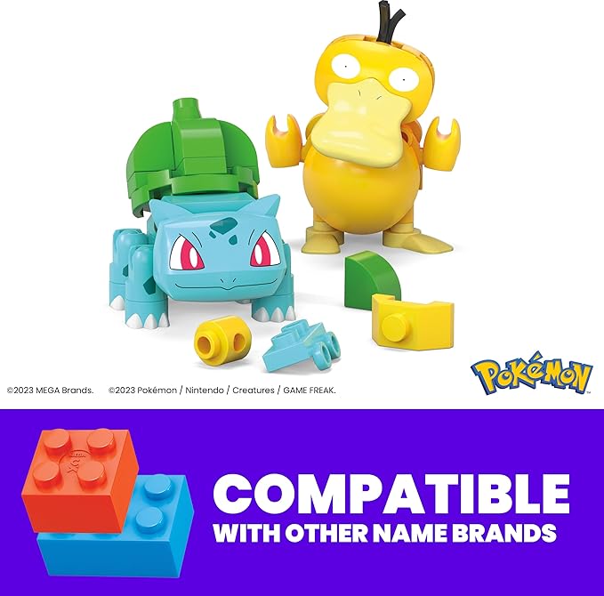 Mega Pokémon Building Toys Set Bulbasaur & Psyduck with 63 Pieces, 2 Poseable Characters and Poké Ball, 2 Inches Tall, for Kids