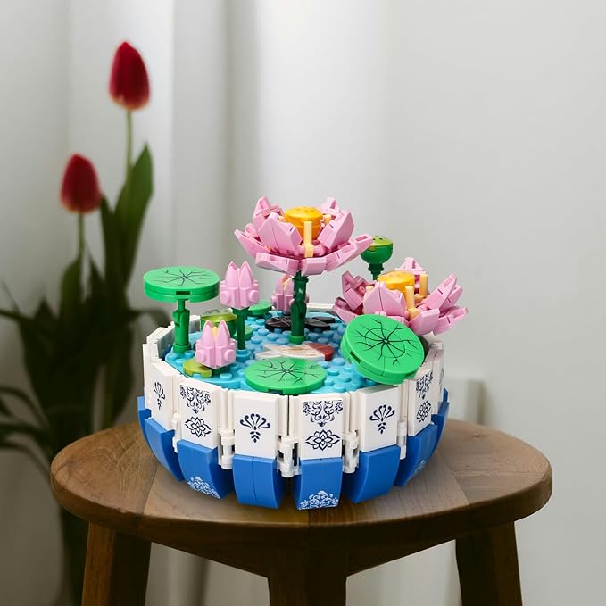 Lotus Flower Building Set Cute Botanical Collection Flower Bonsai Plant Simulation Pot Plant Artificial Particle Construction Building Bricks Toy 6+ Pink 404PCS,Compatible Classic Bricks 63003