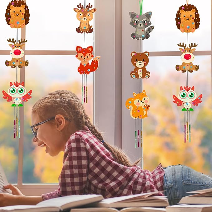9 Pack Wind Chime Kit for Kids,Fall Craft Kits Autumn Animals Wind Chime Decorative Wooden Hanging Ornaments DIY Painting Craft for Boys Girls Thanksgiving Halloween Party Supplies