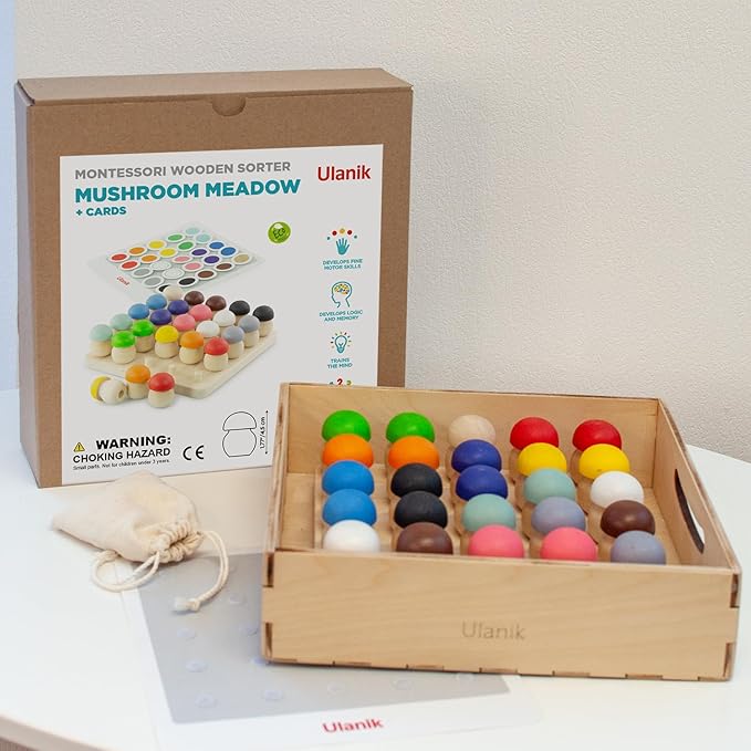 Ulanik Mushroom Glade Toddler Montessori Toys for 3 Year Old + Kids Wooden Mushrooms Game for Learning Color Sorting and Counting Preschool Education — 25 pcs