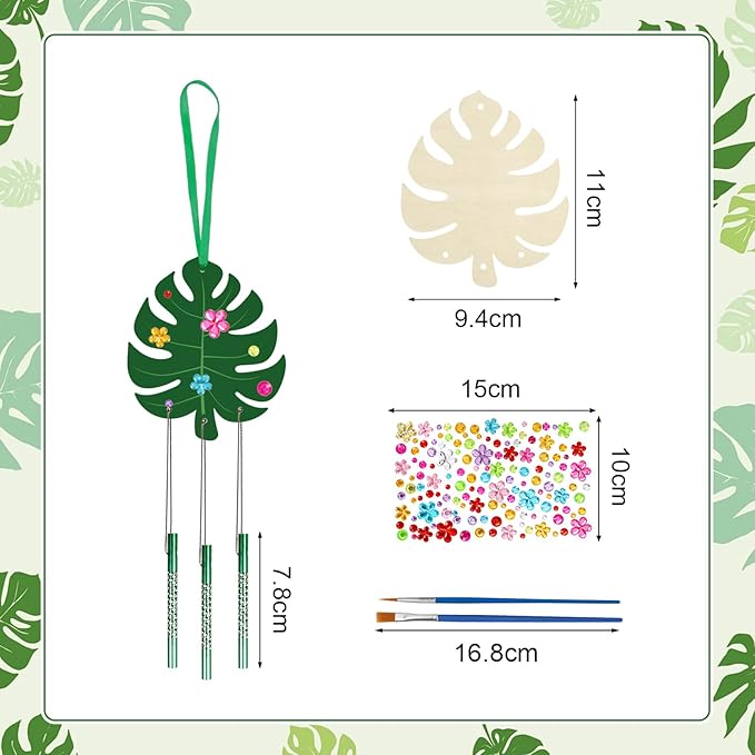 Fennoral 9 Pack Tropical Wind Chime Kit for Kids Make You Own Monstera Leaf Wind Chimes Ornaments DIY Coloring Wooden Art and Craft for Summer Art Activities Aloha Hawaii Tropical Party Decorations