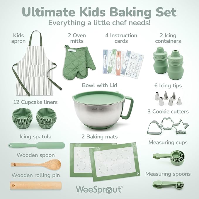 Ultimate Baking Kit for Kids - Kids Baking Set with Child Sized Utensils - Includes Apron, Oven Mitts, Silicone Mats & Liners - Perfect Cooking Set for Kids Ages 6-12 - Gift for Children – Mint