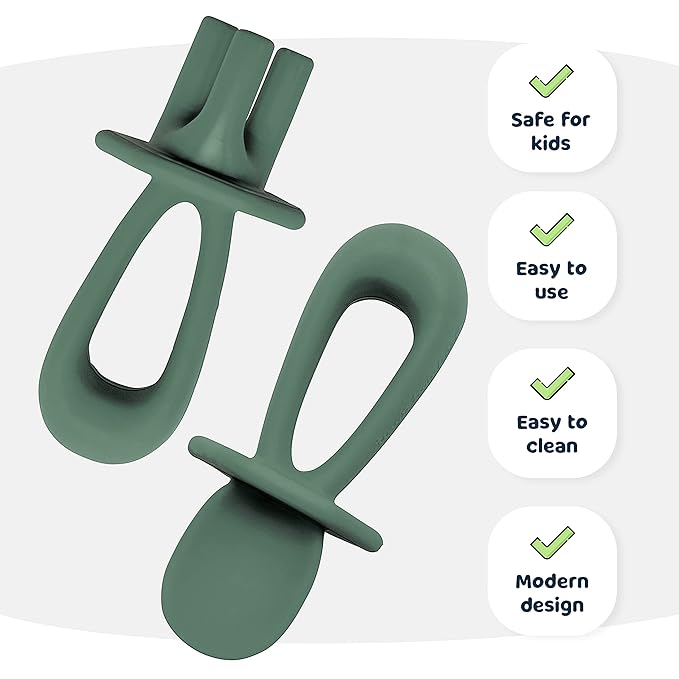 Tiny Twinkle Silicone Training Utensils - Baby Spoons and Baby Forks For Self-Feeding Training - Silicone Baby Led Weaning Utensils For Toddlers And Babies 6-24 Months - Baby Feeding Supplies (Olive)