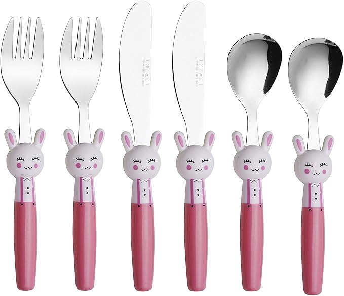 Exzact Children Flatware Pink Rabbit 6pcs Stainless Steel, Kids Silverware Toddler Utensils - BPA Free, Dishwasher Safe, 24M+