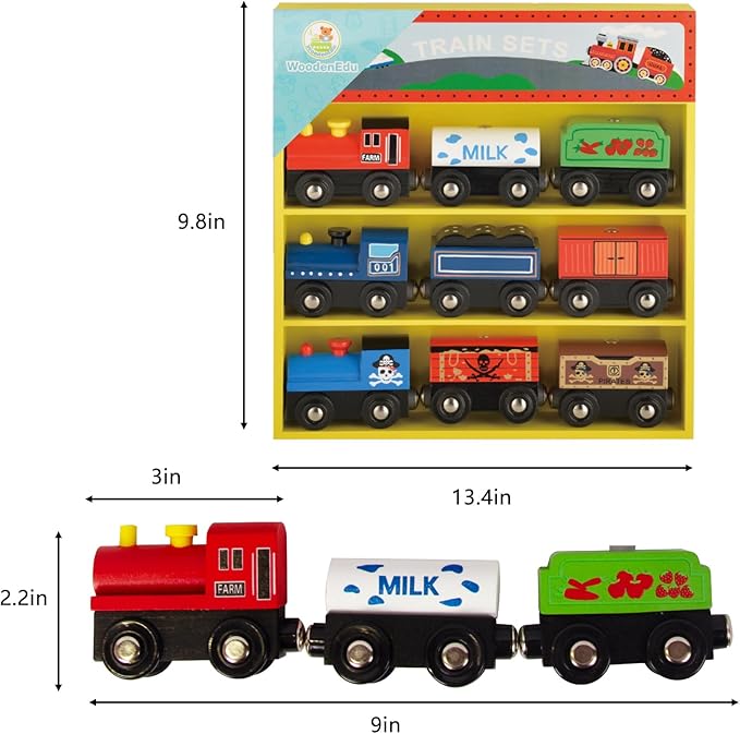 Wooden Train Sets for Toddlers, 9 Pcs Train Toy Magnetic Sets Fits Brio, Thomas, Melissa and Doug, Kids for Boys Girls 3 4 5 Years Old