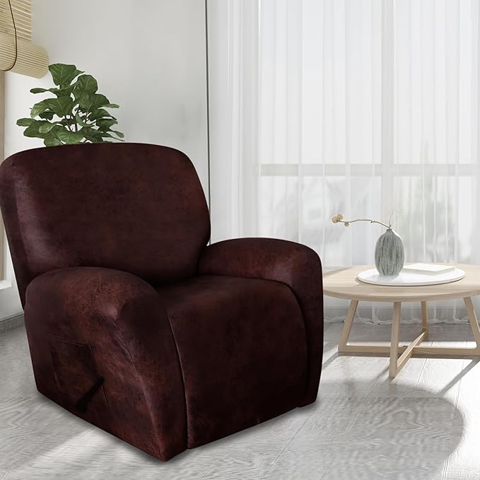 molasofa Recliner Chair Covers - 4 Pieces Leather Like Large Recliner Chair Covers with Pocket Waterproof Non Slip Stretch Recliner Slipcover for Lazy Boy Recliner Chair Washable (Red)