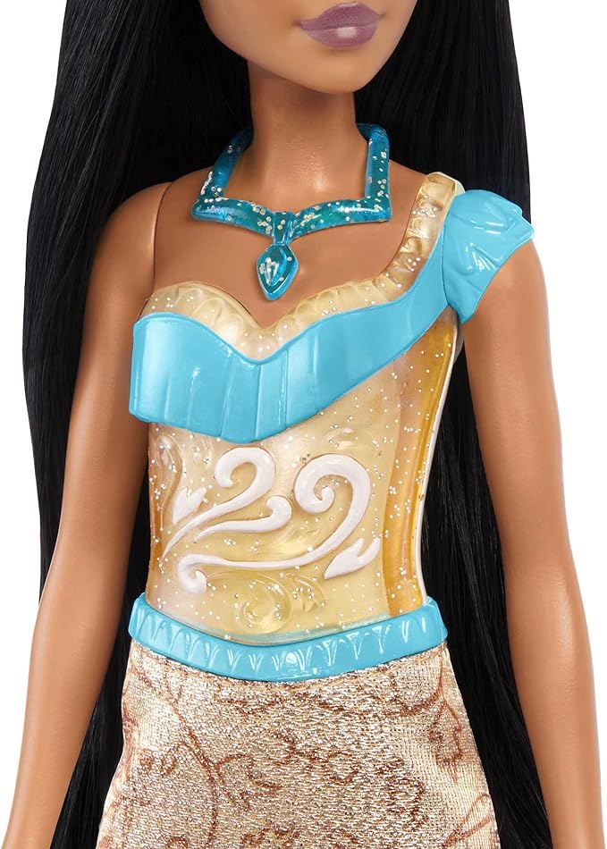 Mattel Disney Princess Toys, Pochontas Fashion Doll, Sparkling Look with Black Hair, Brown Eyes & Necklace Accessory, Inspired by the Movie