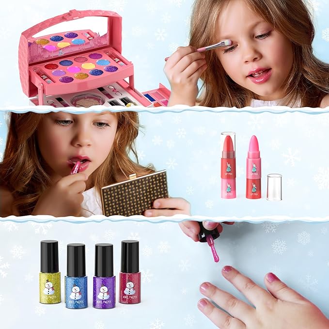 PERRYHOME Kids Makeup Set for Girl 56 Pcs Washable Real Cosmetic, Non-Toxic Frozen Toys Toddler Makeup Kit, Frozen Princess Dress up Kit Christmas & Birthday Girl Gift for 3-12 (Frozen Pink)