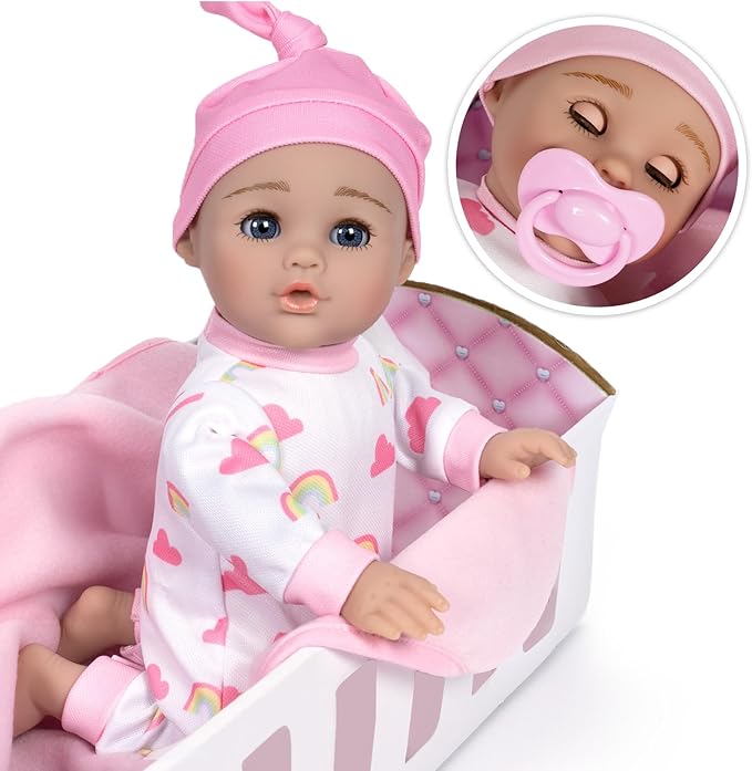 ADORA Rainbow Hugs Doll Set, 13 Inch Baby Doll with Crib Box, Rainbow Print Onesie, Beanie, Pacifier, Diaper, Milk Bottle, and Blanket, for Kids Ages 3 and Up