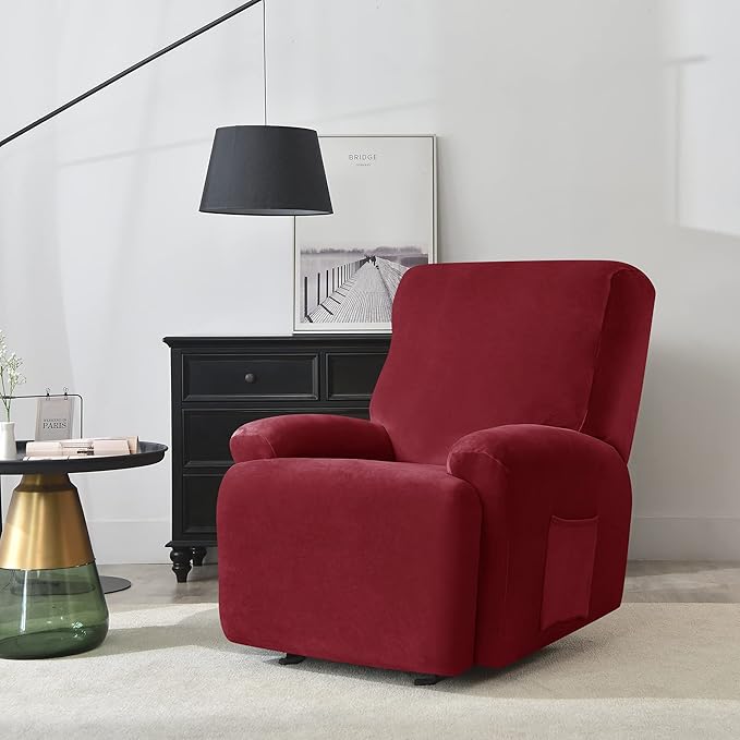 OBCREAT High Stretch Recliner Chair Cover Soft Velvet Recliner Slipcovers 4 Pieces Lazy Boy Recliner Couch Covers Plush Furniture Protector for Kids Pets (Wine Red)