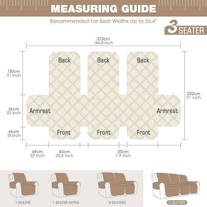 TAOCOCO Waterproof Recliner Couch Covers Sofa Slipcover for 3 Cushion Couch, Pet Sofa Cover for 3 Seat Recliner, Washable Reclining Sofa Cover Furniture Protector with Straps(3 Seater, Brown)