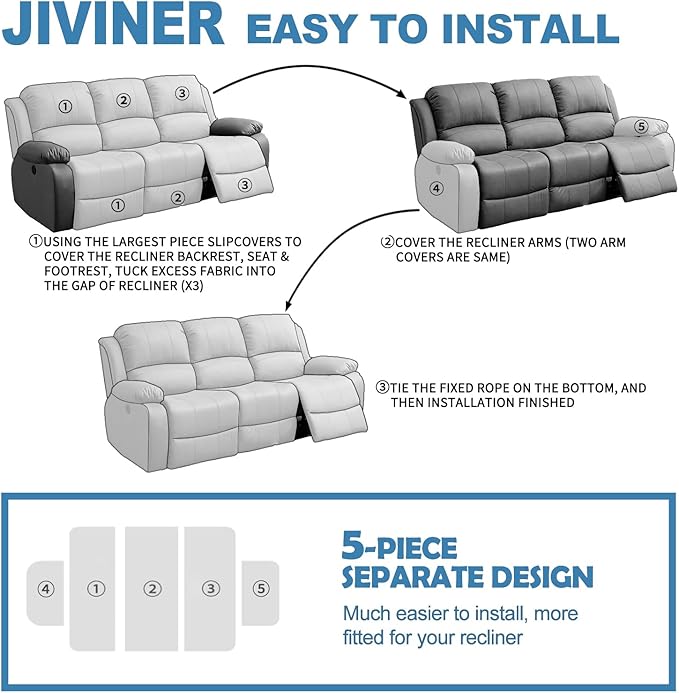 JIVINER 5 Pieces Recliner Sofa Covers Stretch Recliner Sofa Slipcover with Elastic Bottom Jacquard Fitted Reclining 3 Cushion Couch Cover Furniture Protector with Pockets (3 Seater, Brown)