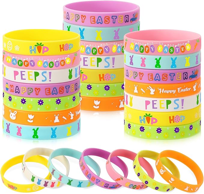 JUNEBRUSHS 42pcs Easter Party Favors Silicone Bracelets Bunny Egg Carrot Chicks Flowers Rubber Wristbands Accessories for Easter Egg Fillers Gifts Basket Stuffers Accessories Party Decorations
