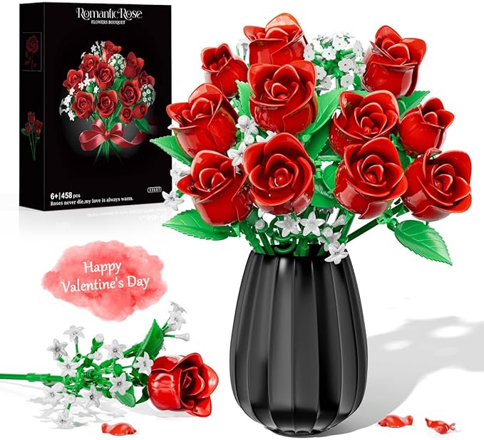 Red Rose Flowers Bouquet Building Set, Flower Plants for Botanical Collection and Decorative Home Table Art Forever Rose Toy, Valentine's DIY Gift for Women Girls Adults 6+, No Vase