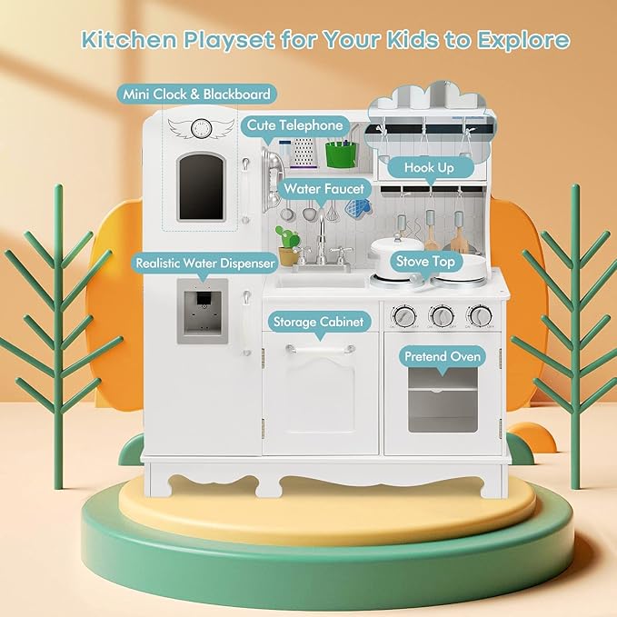 Fireflowery Kids Kitchen Playset, Toddler Kitchen w/Simulated Sound, Accessory Utensils, Blackboard, Sink, Stovetop, Cabinets, Pretend Play Kitchen, Gift for Ages 3+ (Classic)