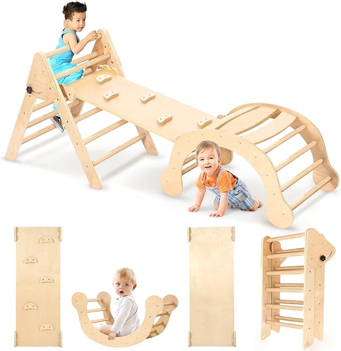 YOLEO 7-in-1 Pikler Triangle Set, Large Wooden Climbing Toys for Toddlers 1-3 Inside, Montessori Fun Toddler Climbing Toys Indoor Playground and Jungle Gyms Playset,Easy-Fold Pikler Triangle (Natural)
