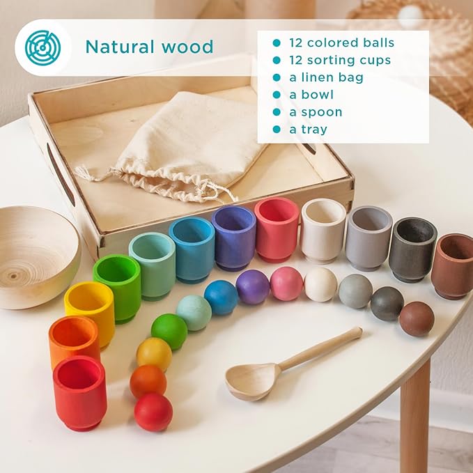 Ulanik Balls in Cups Toddler Montessori Toys for 1 Year Old + Kids Preschool Wooden Matching Games for Learning Color Sorting and Counting