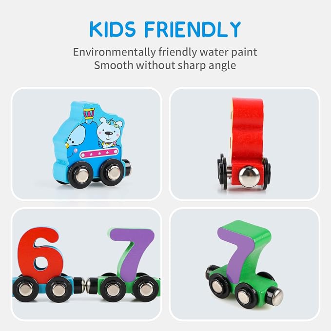 Wondertoys 12 PCS Wooden Train Set Toy Wooden Magnetic Number Train Set Includes 1 Engine Cars for Toddlers Boys and Girls, Compatible with Major Brands Train Set Tracks