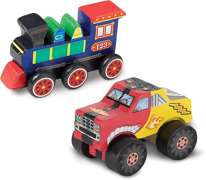 Melissa & Doug Created by Me! Paint & Decorate Your Own Wooden Vehicles Craft Kit For Kids 2 Pack – Monster Truck, Train