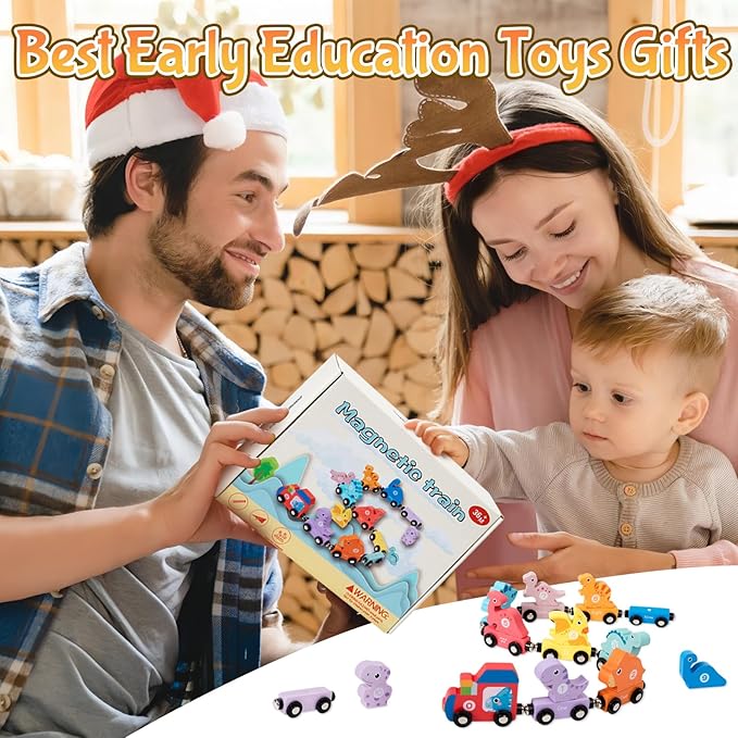 Toddler Boy Toys Age 1-3, Dinosaur Toy Wooden Magnetic Train Set with Playmat/Storage Bag for Baby Boy Birthday, Montessori Educational Toys for 1 2 3 Years Old Boys & Girls