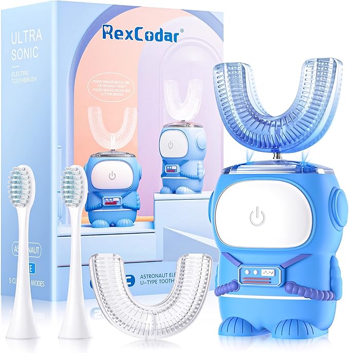 Ultrasonic Kid's U-Shaped Electric Toothbrush, IPX7 Waterproof, Five Cleaning Modes, 60S Smart Reminder (Cartoon Astronaut,Blue Ages 2-6)
