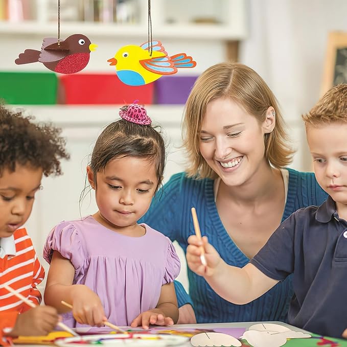 4pcs DIY Wooden Bird Wind Chime Crafts for Kids with Paint Kit Rhinestone Flower Stickers Summer Arts and Crafts for Kids 3 and Up