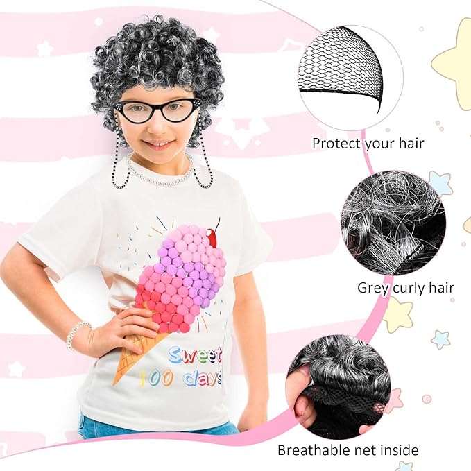 Old Lady Costume for Girls 100 Days of School Costume 100 Days DIY Shirt Pom Poms Balls for Kids Grandma Dress up