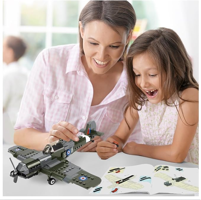 TOY PLAYER Spitfire Fighter Military WW2 Plane Building Set - with Sliding Features, Compatible with Lego Plane, Rotating Propellers, and an Open Cockpit Door